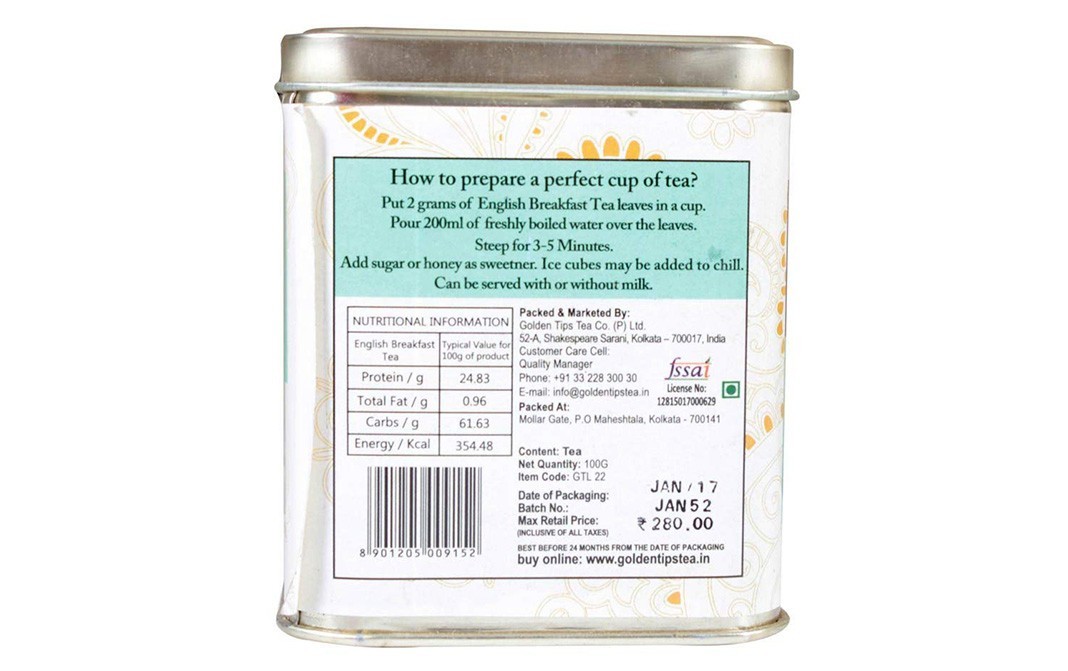 Golden Tips English Breakfast Tea, Loose Leaf Tea   Tin  100 grams
